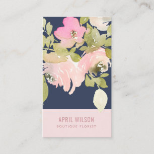 NAVY SOFT BLUSH PINK WATERVERF ROOS FLORAL BUNCH VISITEKAARTJE