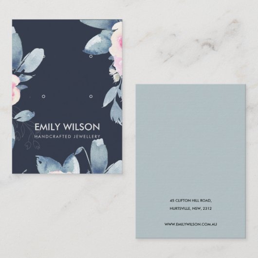 NAVY SOFT BLUSH SKY BLUE FLORAL EARRING DISPLAY VISITEKAARTJE (Voorkant / Achterkant)