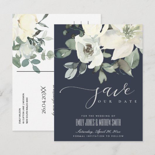 NAVY SOFT IVORY WHITE FLORAL BUNCH BEWAREN DE DATU AANKONDIGINGSKAART (Voorkant / Achterkant)