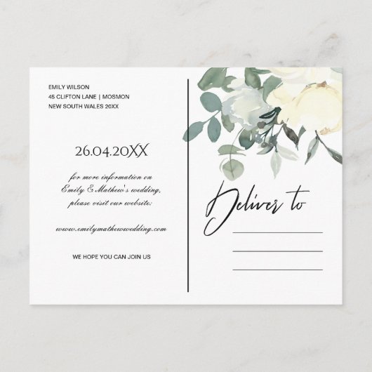 NAVY SOFT IVORY WHITE FLORAL BUNCH BEWAREN DE DATU AANKONDIGINGSKAART (Achterkant)