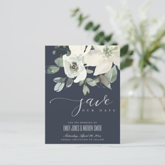 NAVY SOFT IVORY WHITE FLORAL BUNCH BEWAREN DE DATU AANKONDIGINGSKAART (Staand voorkant)