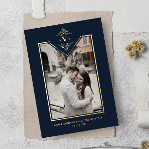 Navy Sophisticate Flourish Chic Golden Initialen Folie Uitnodiging