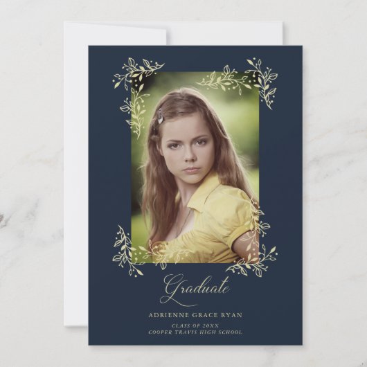 Navy Sophisticated Flourish Photo Afstuderen Kaart (Voorkant)