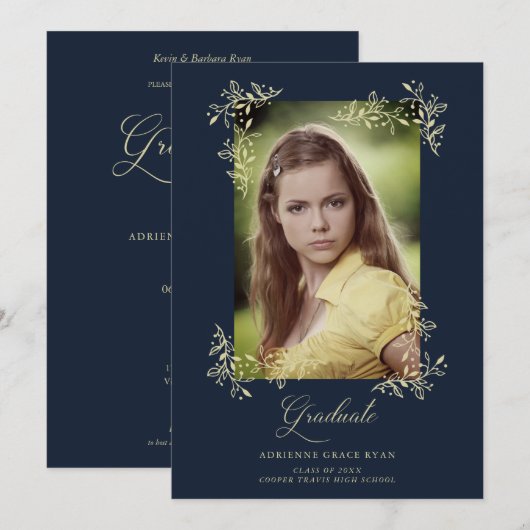 Navy Sophisticated Flourish Photo Afstuderen Kaart (Voorkant / Achterkant)