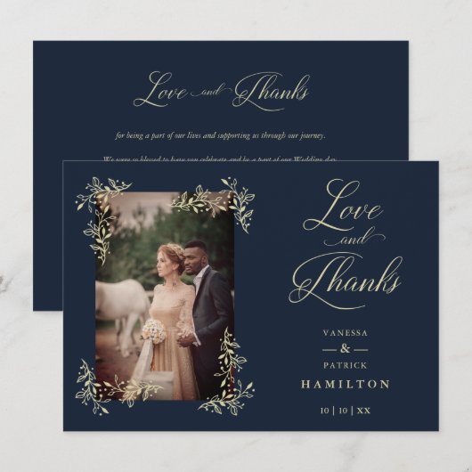 Navy Sophisticated Flourish Photo Wedding Love and Bedankkaart (Voorkant / Achterkant)
