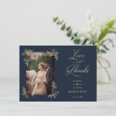 Navy Sophisticated Flourish Photo Wedding Love and Bedankkaart (Staand voorkant)
