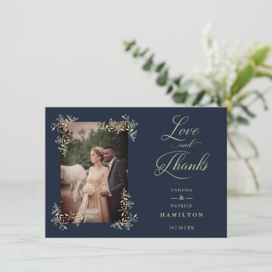 Navy Sophisticated Flourish Photo Wedding Love and Bedankkaart (Staand voorkant)