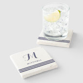 Navy Sophisticated Stripes | Naam en monogram Stenen Onderzetter (Zijkant)
