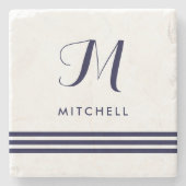 Navy Sophisticated Stripes | Naam en monogram Stenen Onderzetter (Voorkant)