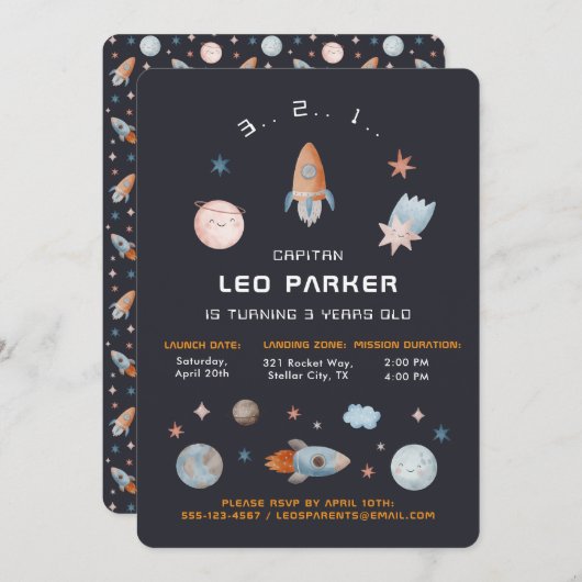 Navy Space | Galaxy Rocket Theme Kaart (Voorkant / Achterkant)