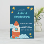 Navy Space Rocket Birthday Party Invitation Kaart (Staand voorkant)