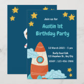 Navy Space Rocket Birthday Party Invitation Kaart (Voorkant / Achterkant)