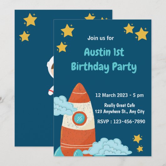 Navy Space Rocket Birthday Party Invitation Kaart (Voorkant / Achterkant)