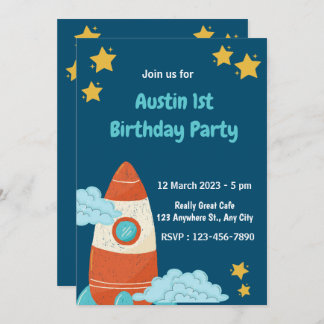Navy Space Rocket Birthday Party Invitation Kaart