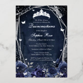 Navy Sparkle Flower Tiara Silver Quinceanera Folie Uitnodiging (Voorkant)