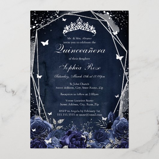 Navy Sparkle Flower Tiara Silver Quinceanera Folie Uitnodiging (Voorkant)