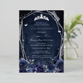 Navy Sparkle Flower Tiara Silver Quinceanera Folie Uitnodiging (Staand Voorkant)