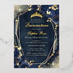 Navy Sparkle Gouden Bloemen Vlinder Quinceanera Folie Uitnodiging