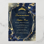 Navy Sparkle Gouden Bloemen Vlinder Quinceanera Folie Uitnodiging (Voorkant)
