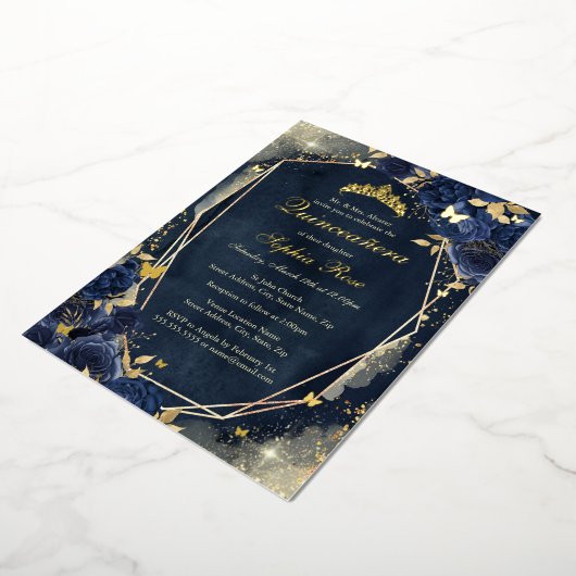 Navy Sparkle Gouden Bloemen Vlinder Quinceanera Folie Uitnodiging (Gedraaid)