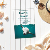 Navy speelse Zee Lion Beach Ocean Coastal Wedding Acryl Uitnodigingen