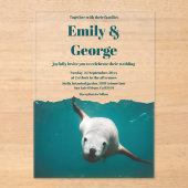 Navy speelse Zee Lion Beach Ocean Coastal Wedding Acryl Uitnodigingen (Voorkant)