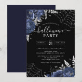 Navy Spooky Floral Cobwebs Halloween Party Kaart (Voorkant / Achterkant)