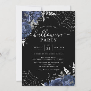Navy Spooky Floral Cobwebs Halloween Party Kaart
