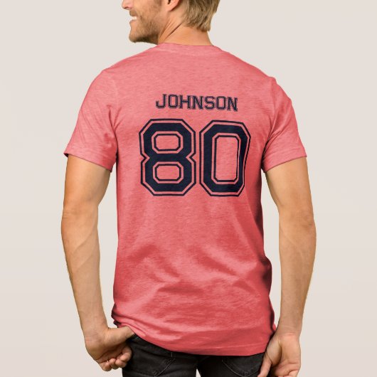 Navy Sports Team Custom Naam, Nummer, Team Rood Tri-Blend Shirt (Achterkant)