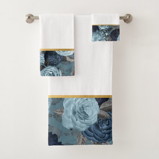 NAVY SPRING FLORAL BATHROOM TOWEL SET BAD HANDDOEK (Insitu)