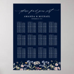 Navy Spring Wildflower bruiloft zitgrafiek Poster