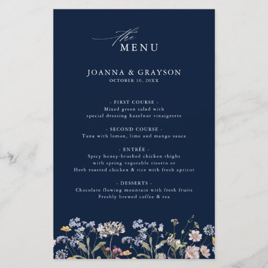 Navy Spring Wildflower Meadow Bruiloft Menu (Voorkant)