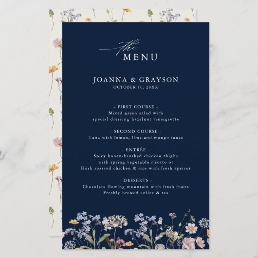 Navy Spring Wildflower Meadow Bruiloft Menu (Voorkant / Achterkant)