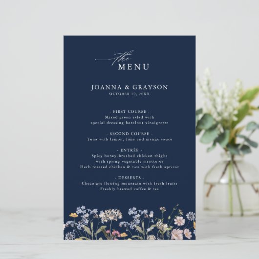Navy Spring Wildflower Meadow Bruiloft Menu (Staand voorkant)