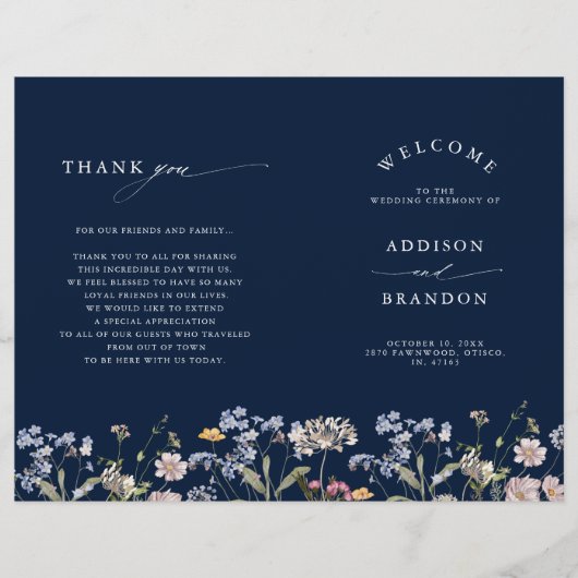 Navy Spring Wildflower Meadow Bruiloft Programma (Voorkant)