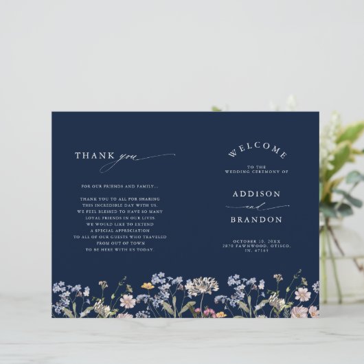 Navy Spring Wildflower Meadow Bruiloft Programma (Staand voorkant)