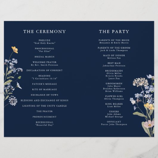 Navy Spring Wildflower Meadow Bruiloft Programma (Achterkant)