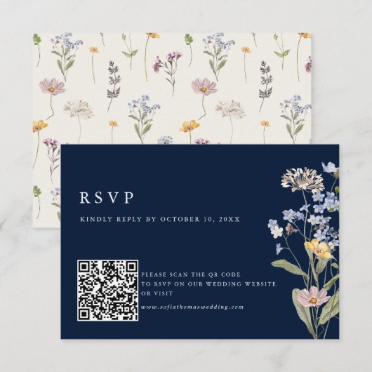Navy Spring Wildflower Meadow Bruiloft QR Code RSVP Kaartje (Voorkant / Achterkant)