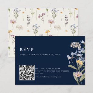 Navy Spring Wildflower Meadow Bruiloft QR Code RSVP Kaartje