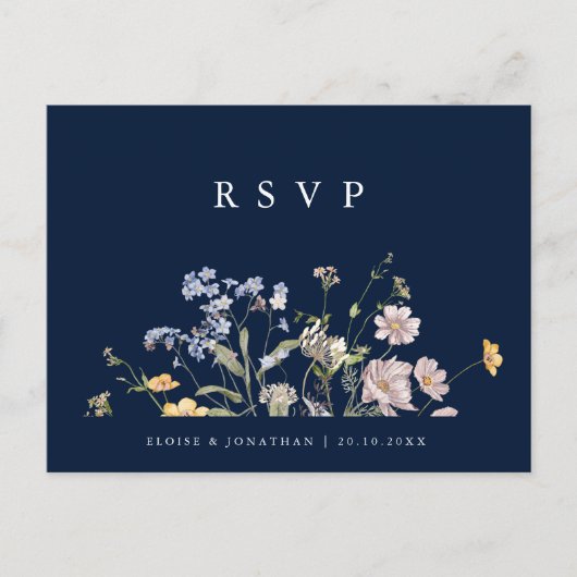 Navy Spring Wildflower Meadow Bruiloft RSVP Briefkaart (Voorkant)