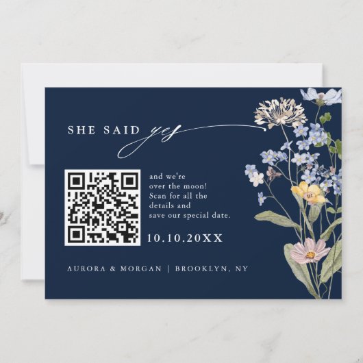 Navy Spring Wildflower Meadow Foto QR-code Save The Date (Voorkant)