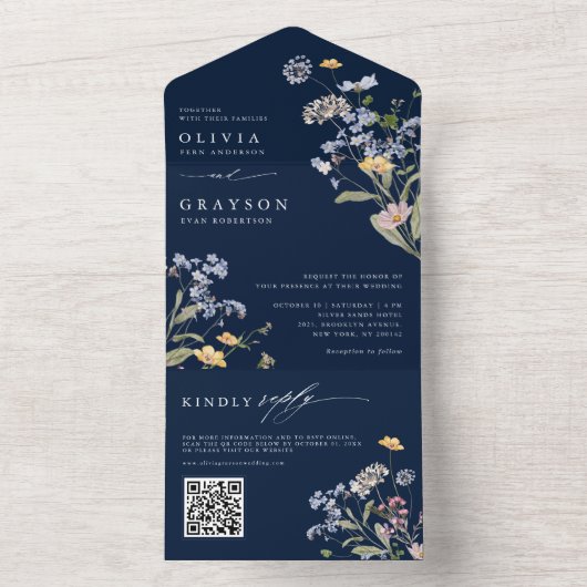 Navy Spring Wildflower Meadow Garden Bruiloft All In One Uitnodiging (Binnen)