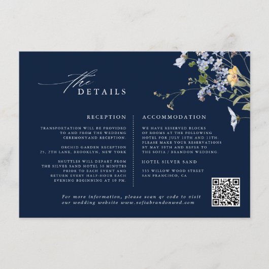 Navy Spring Wildflower Meadow Garden Bruiloft Informatiekaartje (Voorkant)