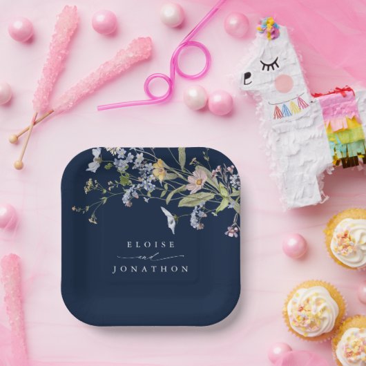 Navy Spring Wildflower Meadow Garden Bruiloft Papieren Bordje (Feest)
