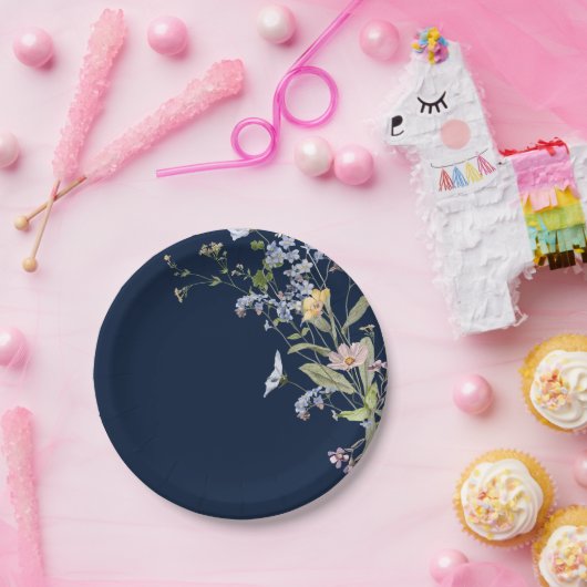 Navy Spring Wildflower Meadow Garden Bruiloft Papieren Bordje (Feest)