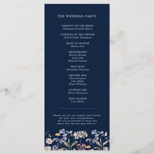 Navy Spring Wildflower Meadow Garden Bruiloft Programmakaart (Achterkant)