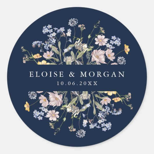 Navy Spring Wildflower Meadow Garden Bruiloft Ronde Sticker (Voorkant)