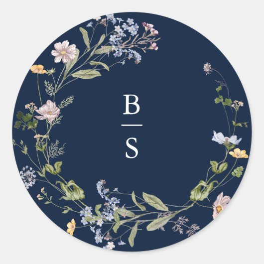 Navy Spring Wildflower Meadow Garden Bruiloft Ronde Sticker (Voorkant)