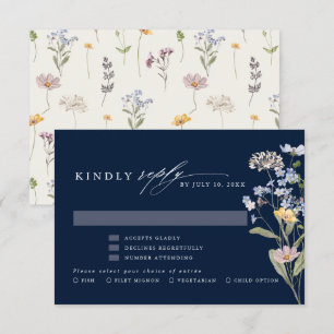 Navy Spring Wildflower Meadow Garden Bruiloft RSVP Kaartje