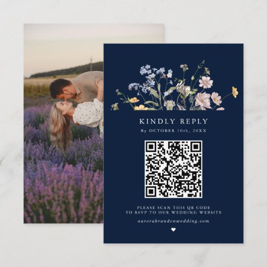 Navy Spring Wildflower Meadow Garden Bruiloft RSVP Kaartje (Voorkant / Achterkant)